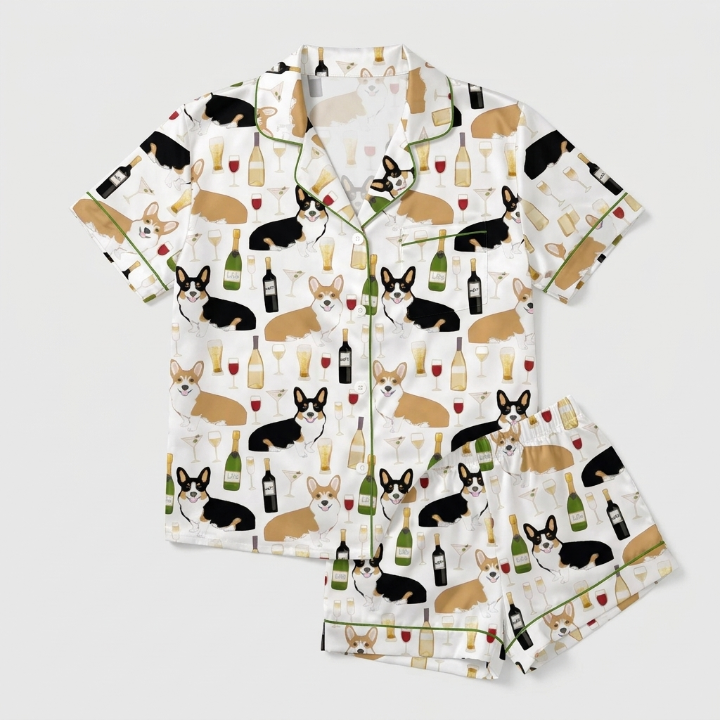 Women's satin pajama set with Pembroke corgis, wine bottles, flutes and goblets on white with green trim - flat lay