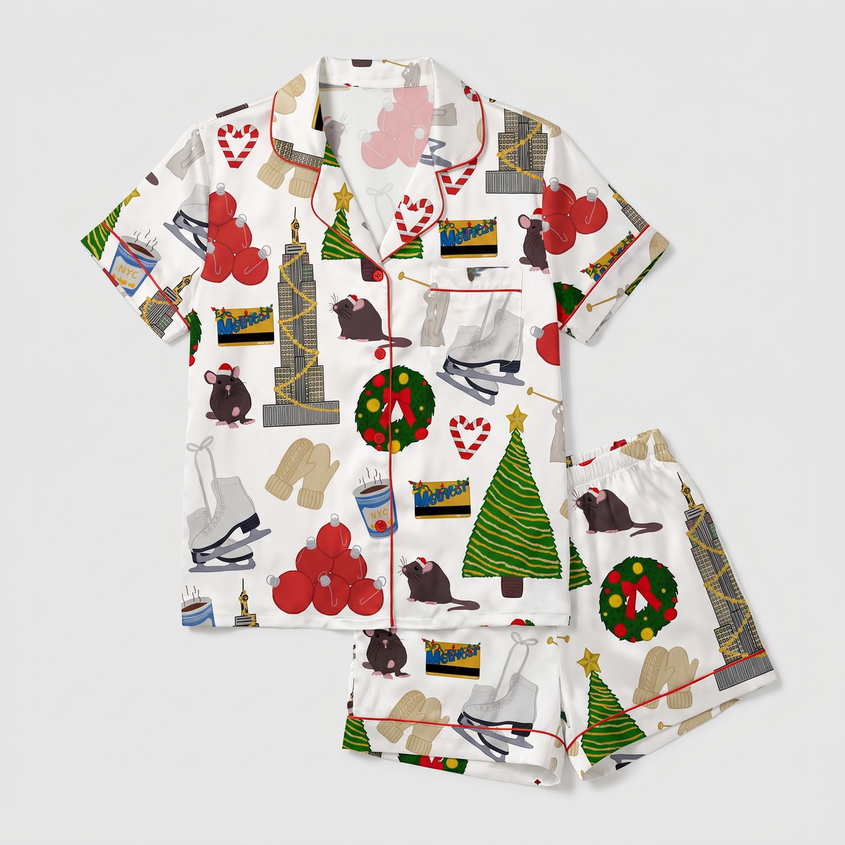 New York Icons & Wreaths Women's Pajama Set - flat lay