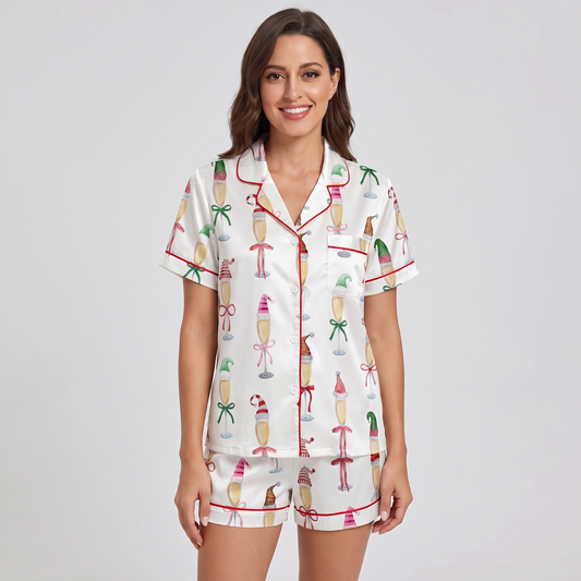 Santa Champagne Flutes Women's Pajama Set - short sleeve and shorts