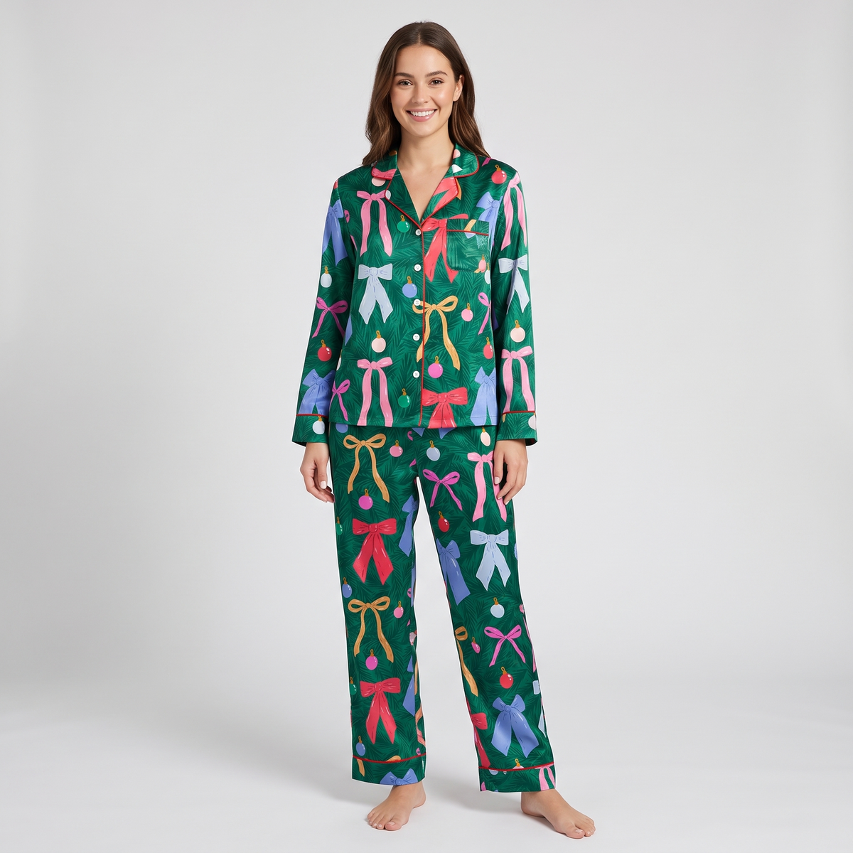Emerald Ribbons & Ornaments Women's Pajama Set - long sleeve and pants