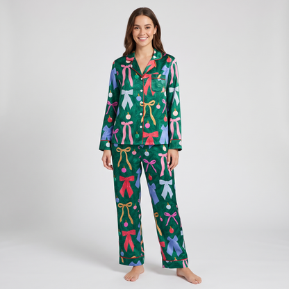Emerald Ribbons & Ornaments Women's Pajama Set - long sleeve and pants
