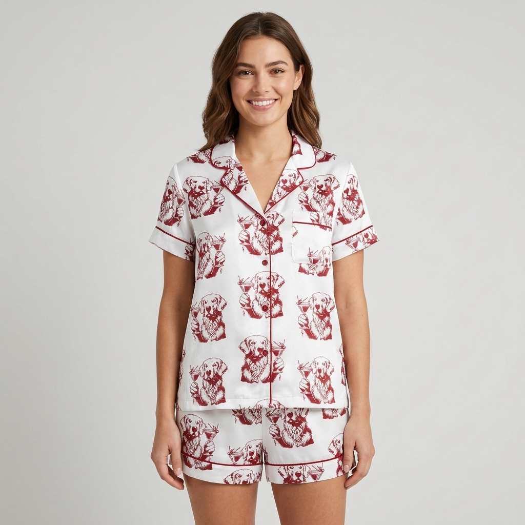 Women's long-sleeve satin pajama set with golden retrievers in crimson etching-style ink on white - short sleeve and shorts