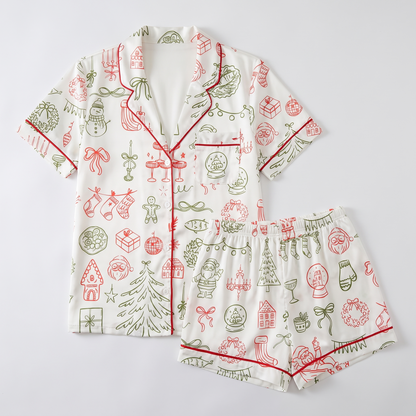 Christmas Line Art Red & Green Women's Pajama Set - flat lay
