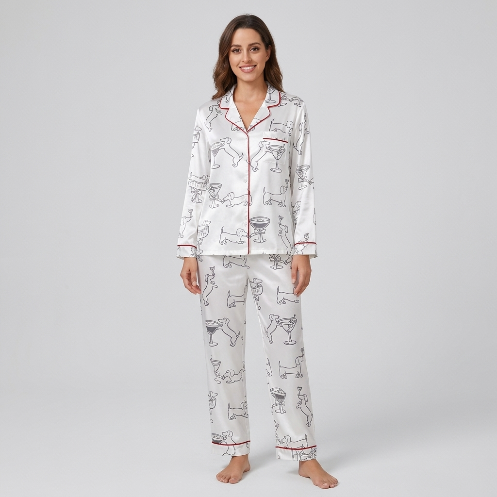 Women's satin pajama set with black-ink dachshunds clinking glasses in martini coupes on white with red trim - long sleeve and pants