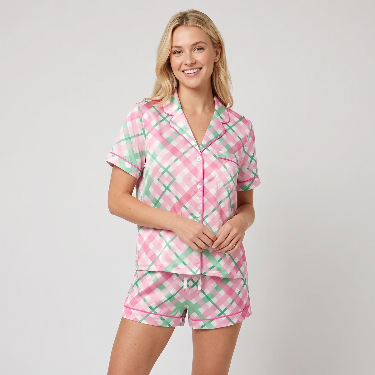 Pink Bias Plaid Women's Pajama Set - short sleeve and shorts