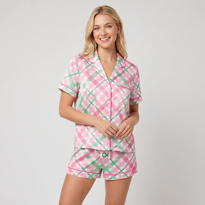 Pink Bias Plaid Women's Pajama Set - short sleeve and shorts