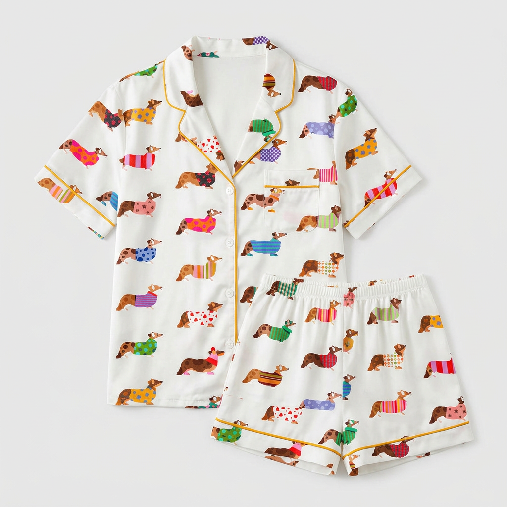 Women's satin pajama set with corgis in polka dot, striped and heart-print sweaters on white - flat lay