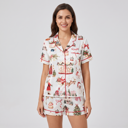 Preppy Santa Watercolor Women's Pajama Set - short sleeve and shorts