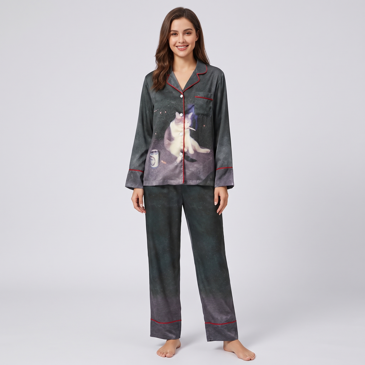 Midnight Lounge Cat Women's Pajama Set - long sleeve and pants