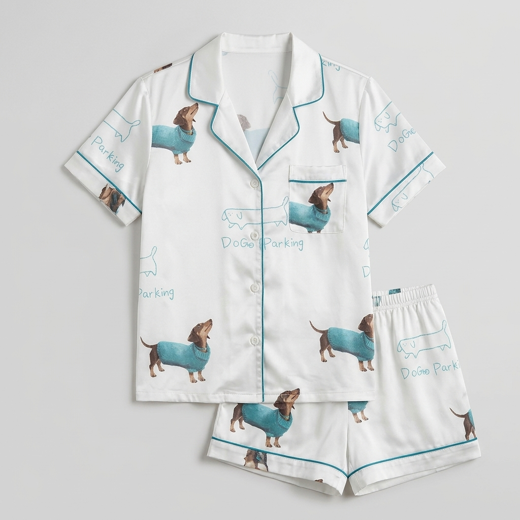 Women's satin pajama set with a Dog Parking sign and a dachshund in a teal sweater on white - flat lay