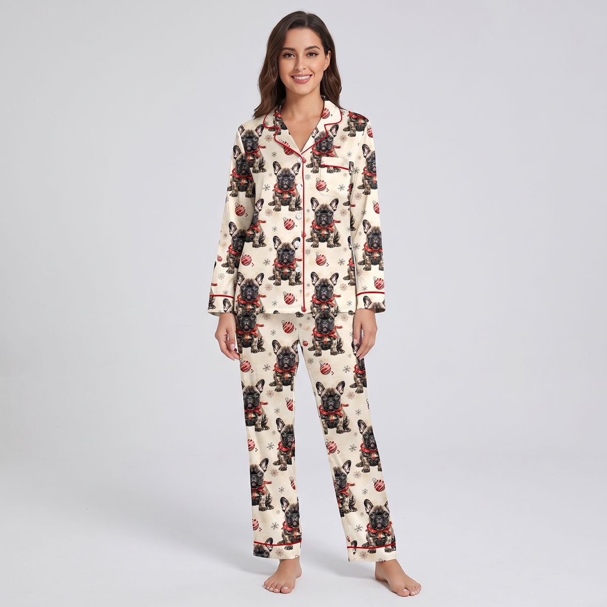 Black Frenchie Christmas Women's Pajama Set - long sleeve and pants