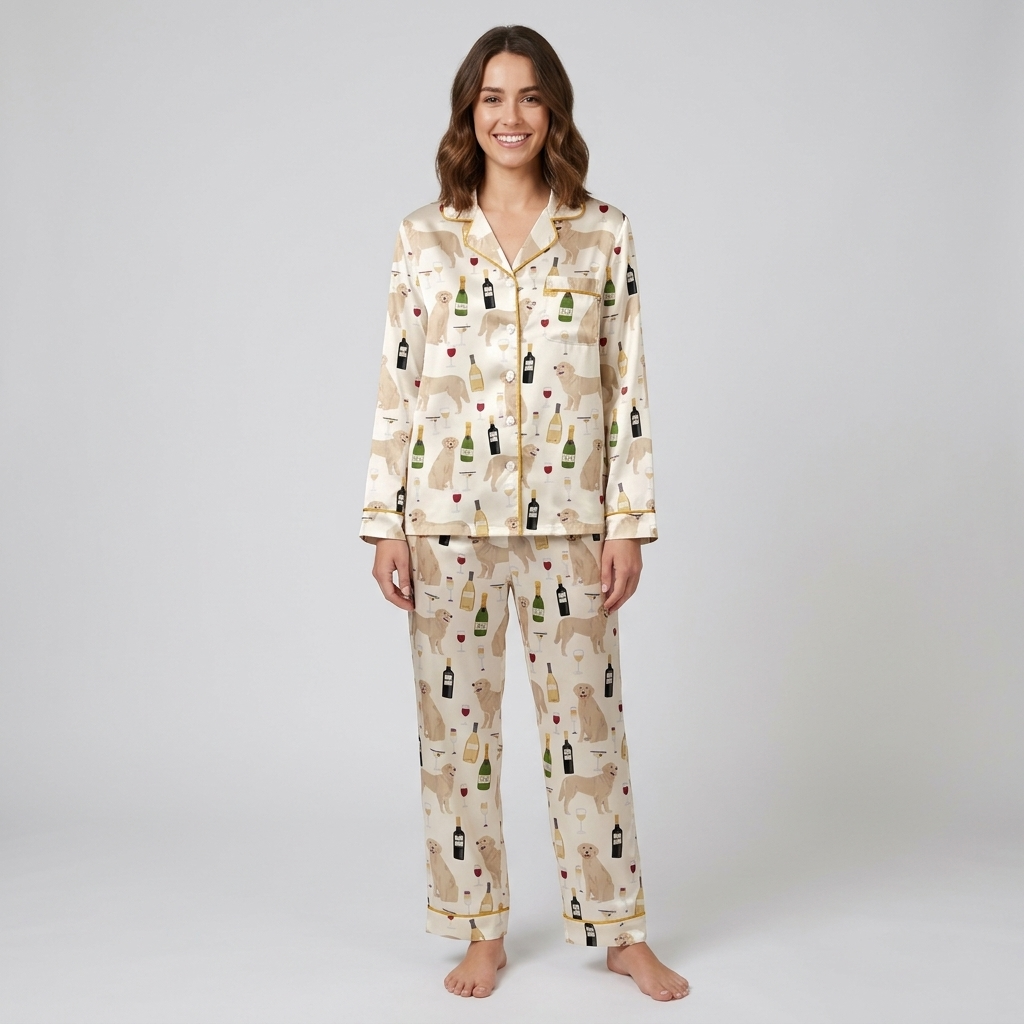 Women's satin pajama set with cream golden retrievers, wine bottles and goblets on white with gold piping - long sleeve and pants