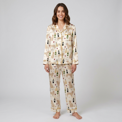 Women's satin pajama set with cream golden retrievers, wine bottles and goblets on white with gold piping - long sleeve and pants