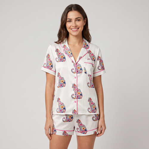 Folk Floral Cats Women's Pajama Set - short sleeve and shorts