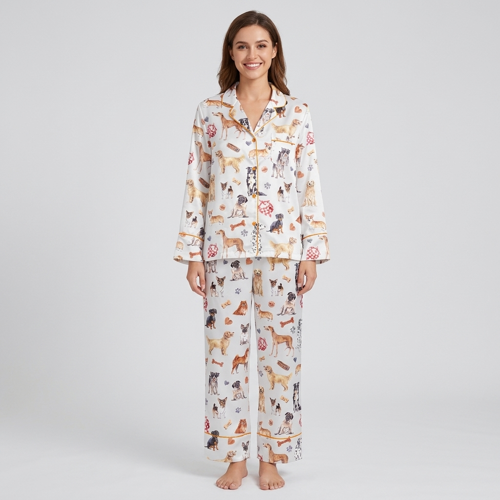 Women's satin pajama set with watercolor golden retrievers, corgis and pugs, bones and paw prints on white - long sleeve and pants