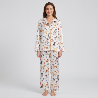 Women's satin pajama set with watercolor golden retrievers, corgis and pugs, bones and paw prints on white - long sleeve and pants