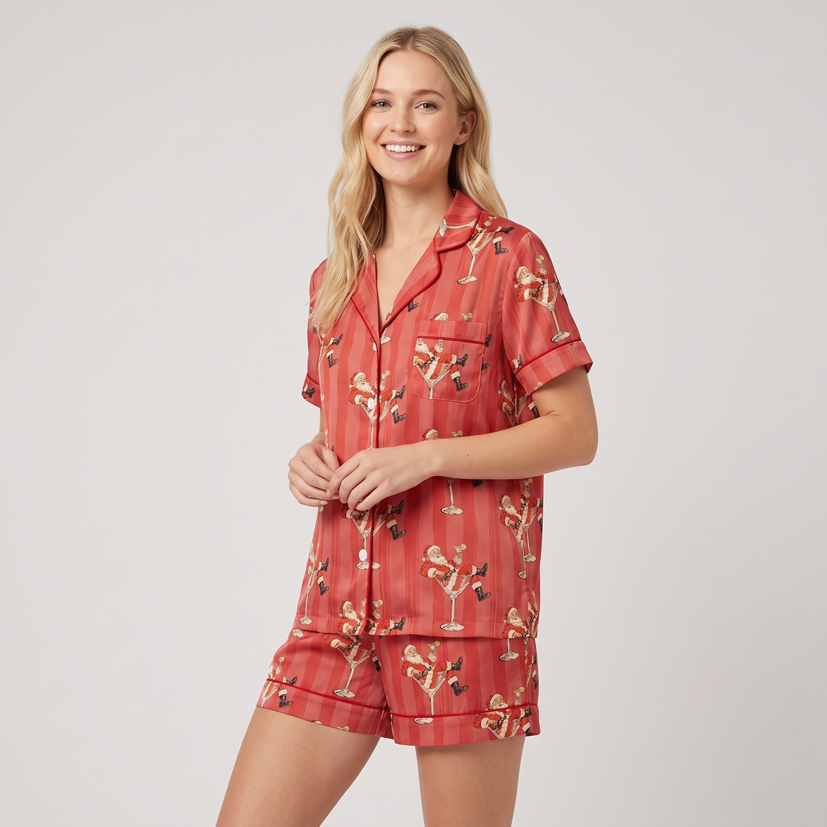 Retro Cheers Santa Women's Pajama Set - short sleeve and shorts