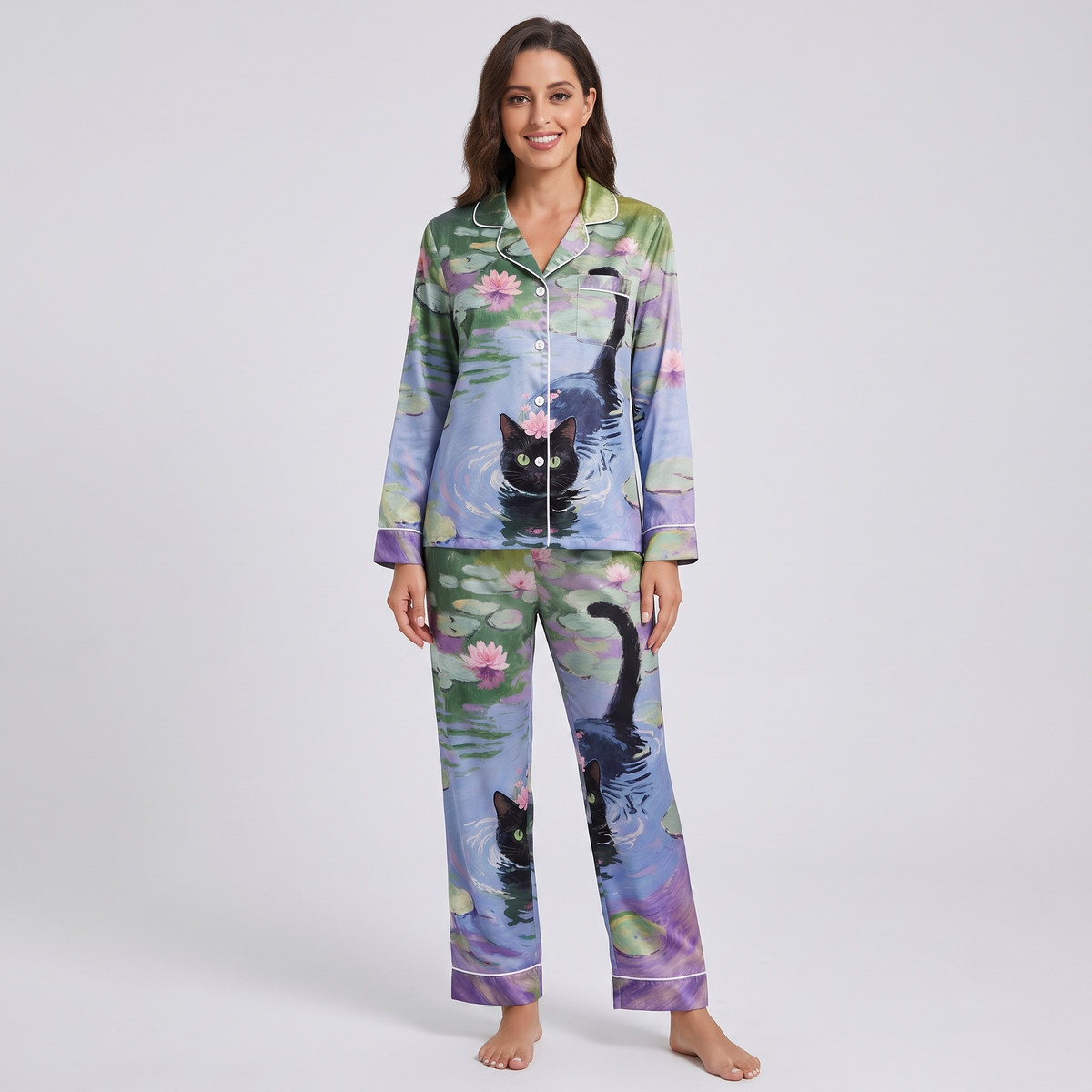 Water Lily Cat Women's Pajama Set - long sleeve and pants