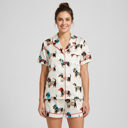 Women's satin pajama set with dachshunds in flowery sweaters and knit hats on white with red piping - short sleeve and shorts