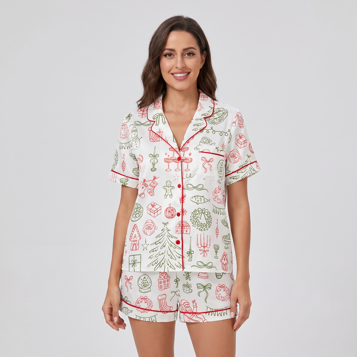 Christmas Line Art Red & Green Women's Pajama Set - short sleeve and shorts