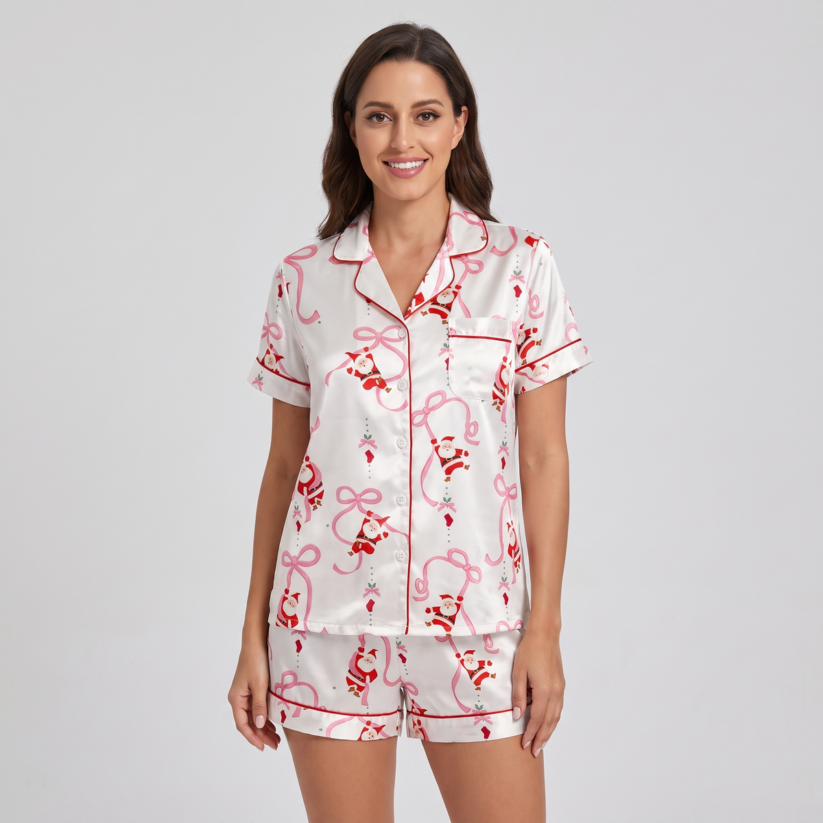 Santa & Pink Ribbons Women's Pajama Set - short sleeve and shorts
