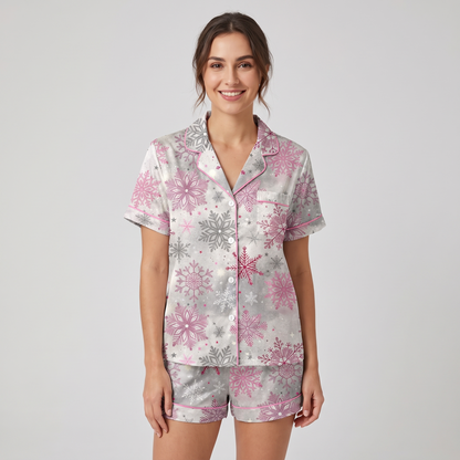 Pink Snowflakes Women's Pajama Set - short sleeve and shorts