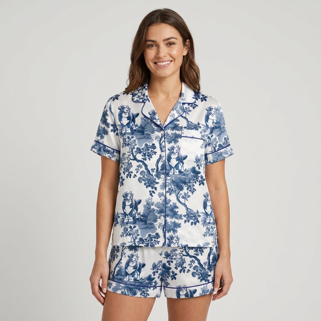 Women's satin pajama set with Bernese mountain dogs in a navy blossom toile on white - short sleeve and shorts