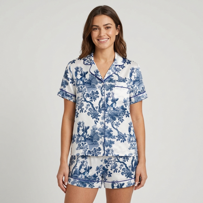 Women's satin pajama set with Bernese mountain dogs in a navy blossom toile on white - short sleeve and shorts