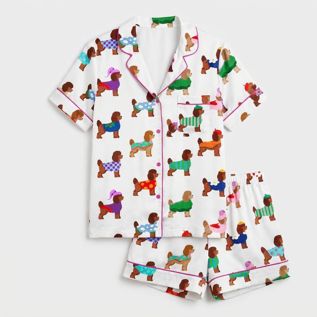 Women's long-sleeve satin pajama set with brown poodles in bright knit sweaters on white - flat lay