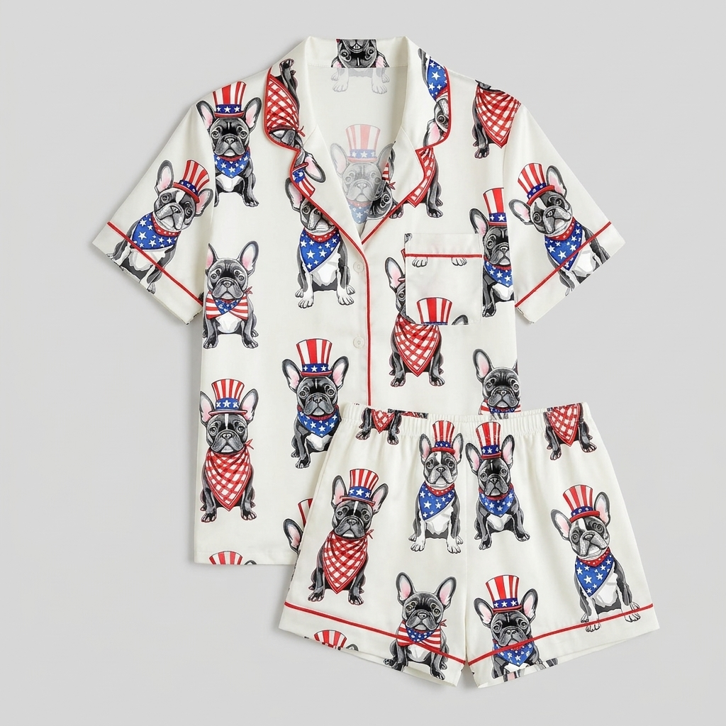 Women's satin pajama set with black French bulldogs in red, white and blue top hats and star bandanas on white - flat lay