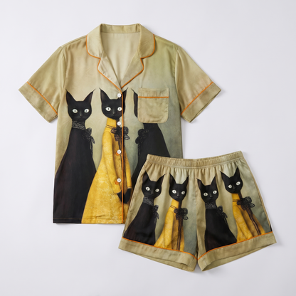 Gilded Black Cats Women's Pajama Set - flat lay