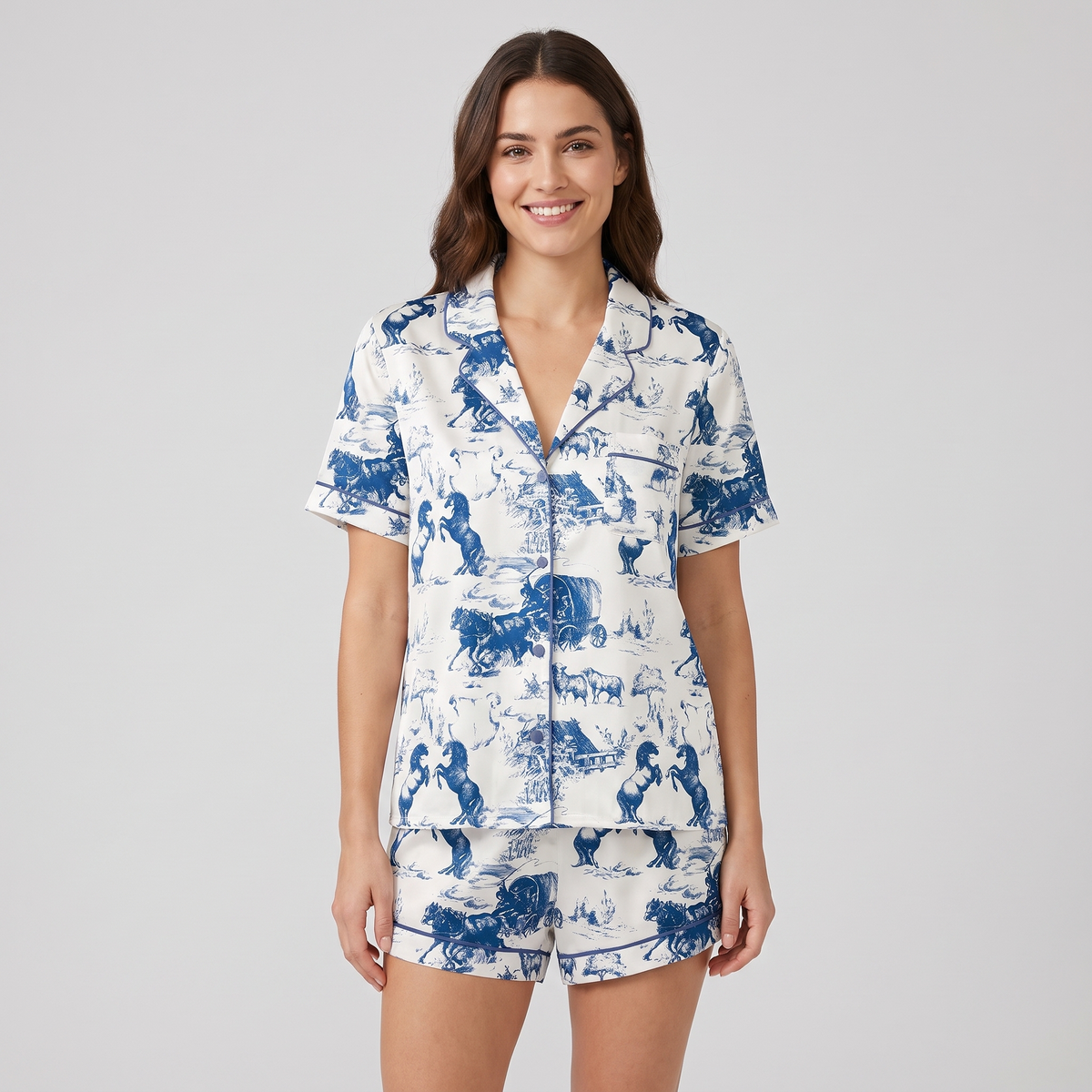 Prairie Wagon Blue Horse Women's Pajama Set - short sleeve and shorts