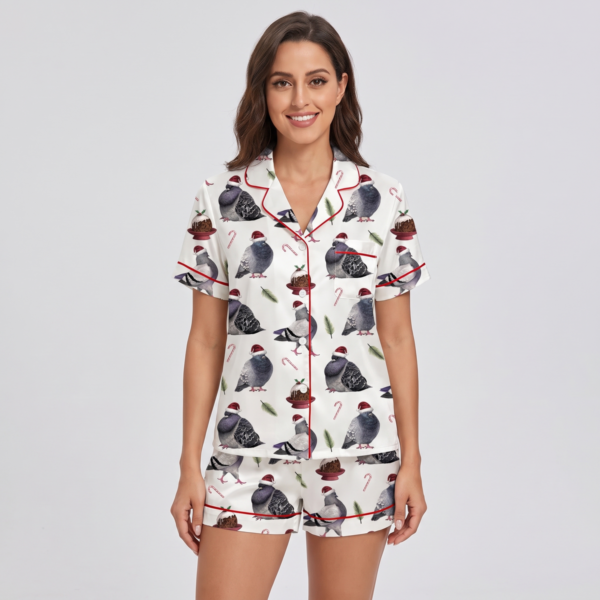 Christmas Pigeons Women's Pajama Set - short sleeve and shorts