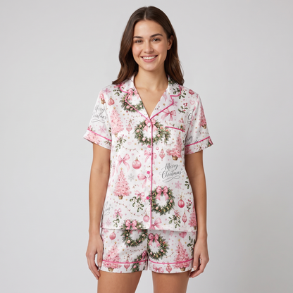 Pink Coquette Wreaths Women's Pajama Set - short sleeve and shorts