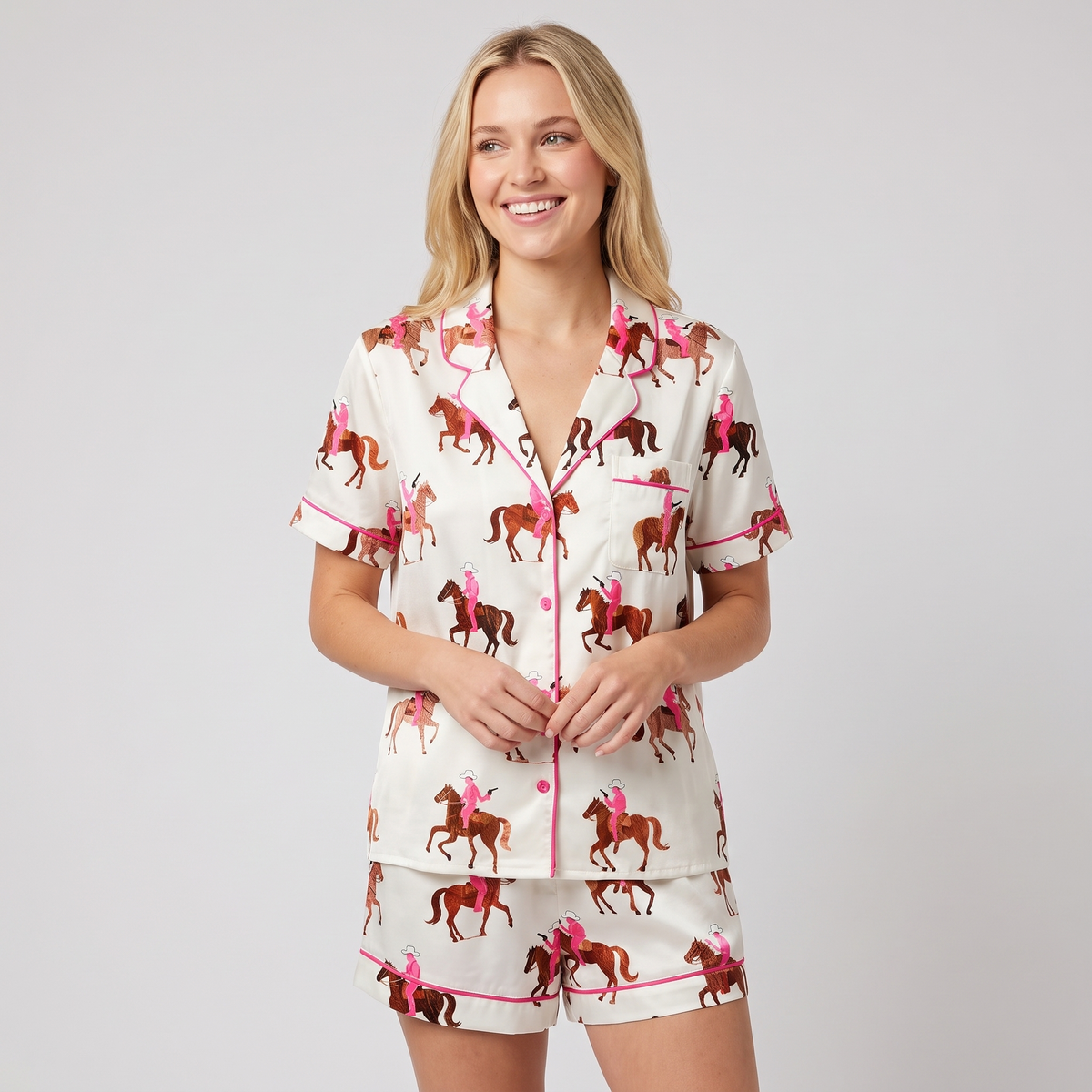 Pink Cowgirl Riders Horse Women's Pajama Set - short sleeve and shorts
