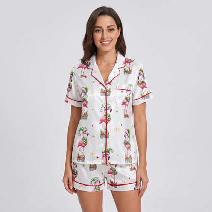 Holly Jolly Flamingos Women's Pajama Set - short sleeve and shorts