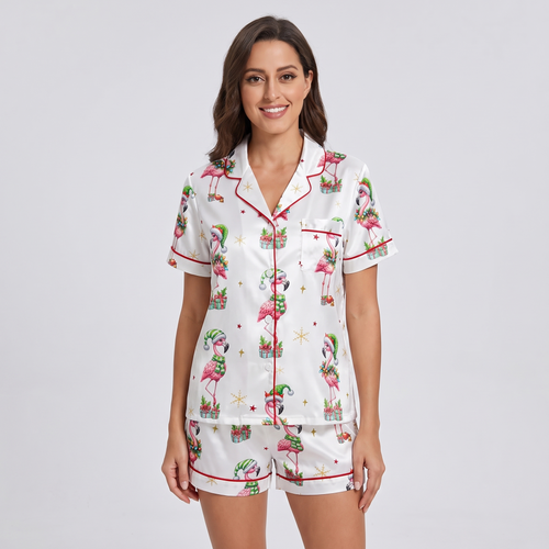 Holly Jolly Flamingos Women's Pajama Set - short sleeve and shorts