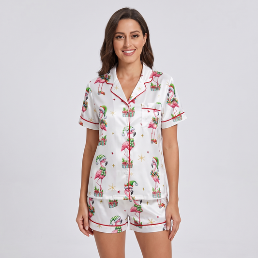 Holly Jolly Flamingos Women's Pajama Set - short sleeve and shorts