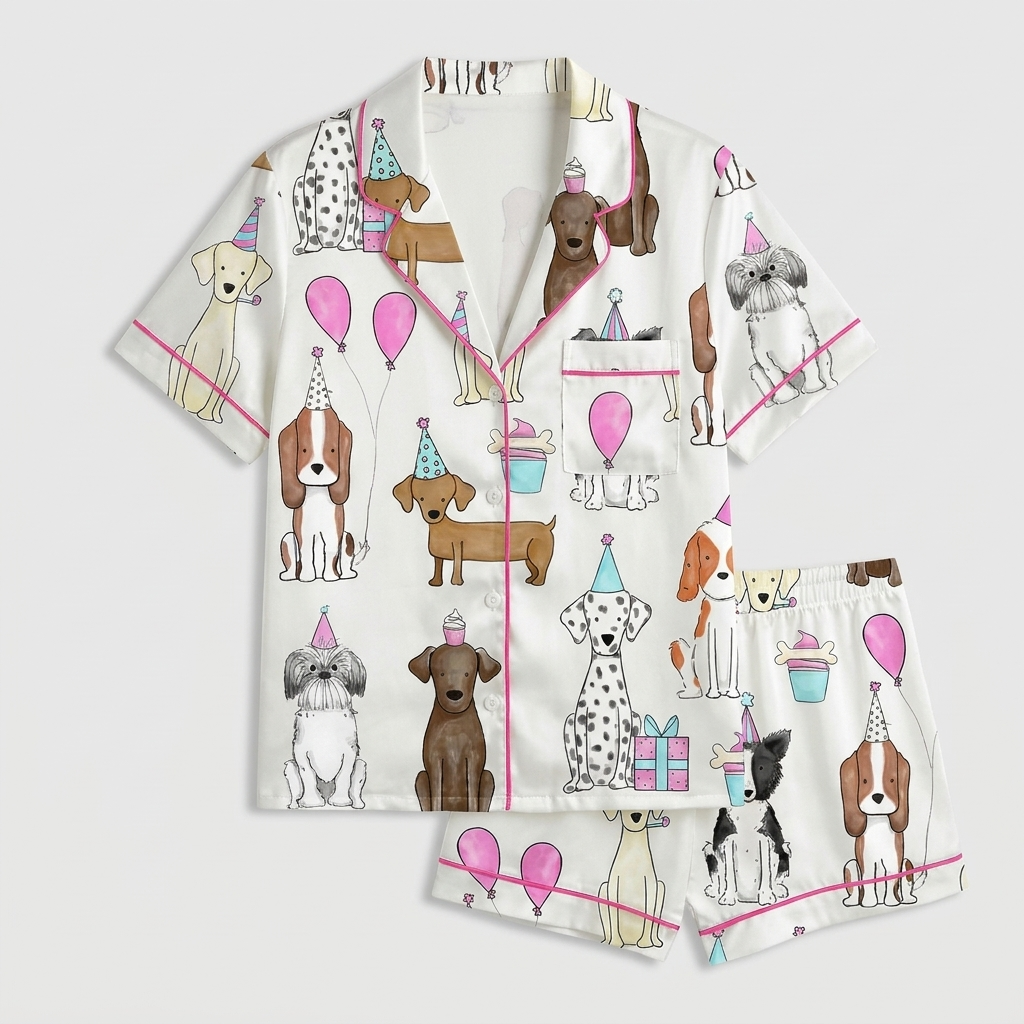 Women's satin pajama set with dogs in party hats beside pink balloons, cupcakes and wrapped gifts on white - flat lay