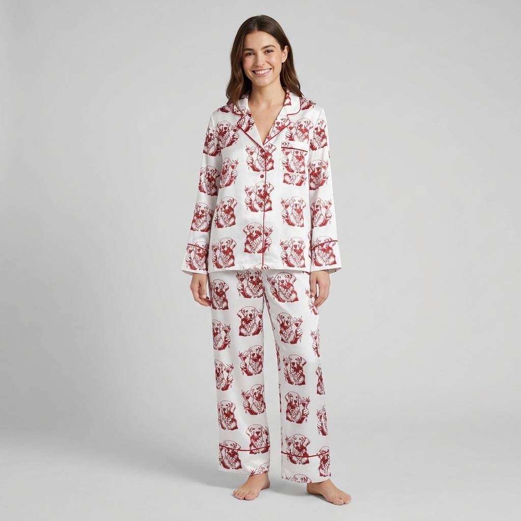 Women's long-sleeve satin pajama set with golden retrievers in crimson etching-style ink on white - long sleeve and pants