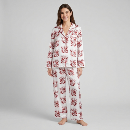 Women's long-sleeve satin pajama set with golden retrievers in crimson etching-style ink on white - long sleeve and pants