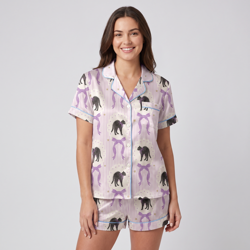 Purple Bow Black Cats Women's Pajama Set - short sleeve and shorts