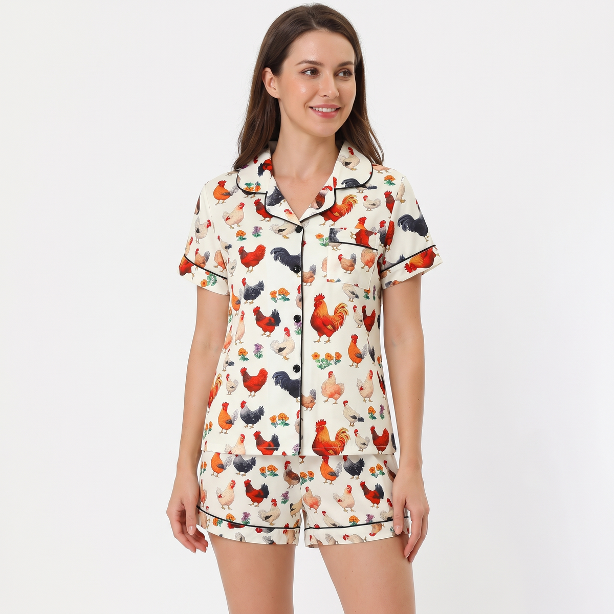 Hen House Women's Pajama Set - Garden Roosters - short sleeve and shorts
