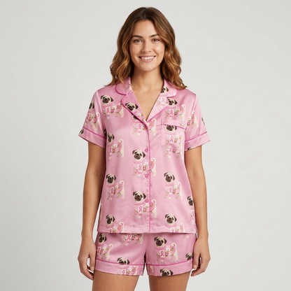 Women's long-sleeve satin pajama set with round-eyed pugs in cozy pink knits on rosy pink - short sleeve and shorts