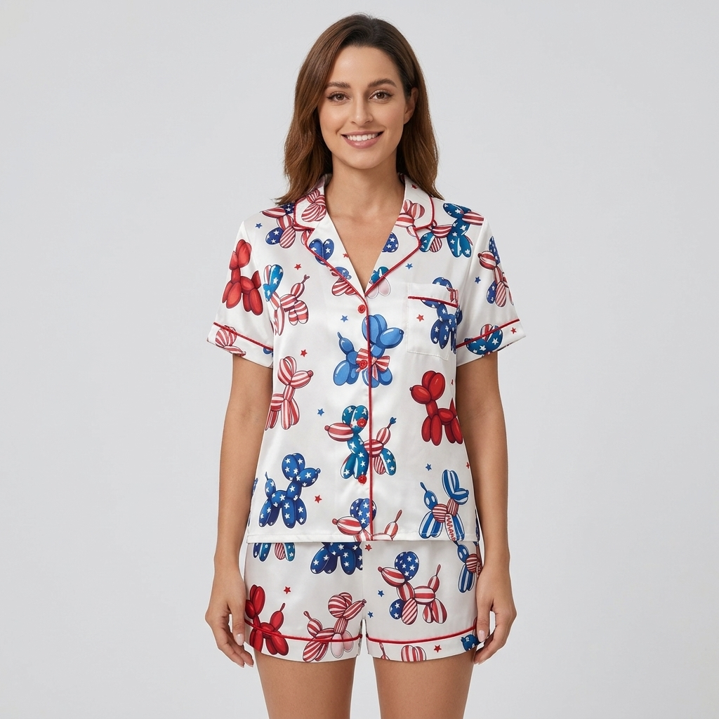 Women's satin pajama set with red, blue and flag-patterned balloon dogs and tiny stars on white - short sleeve and shorts