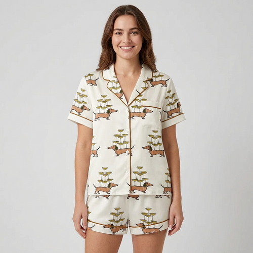 Women's satin pajama set with dachshunds balancing towers of champagne coupes on their backs on white - short sleeve and shorts