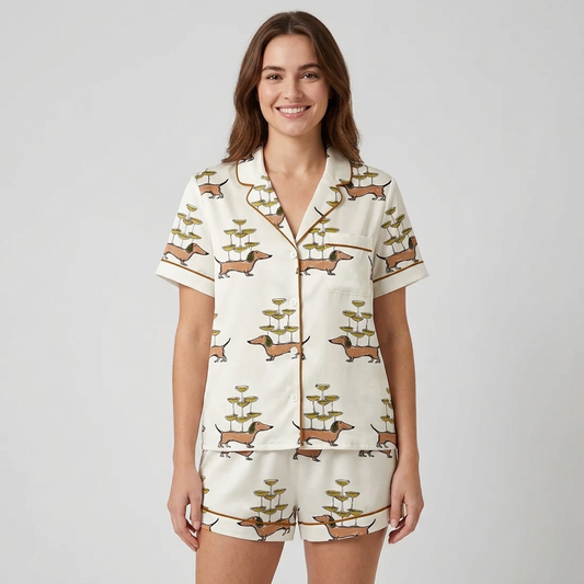 Women's satin pajama set with dachshunds balancing towers of champagne coupes on their backs on white - short sleeve and shorts