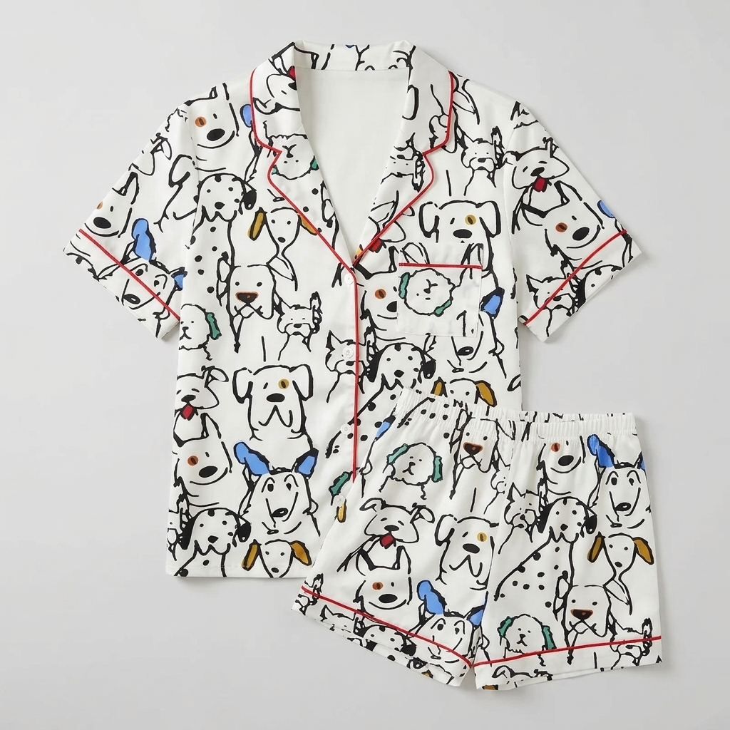 Women's satin pajama set with black line-drawn dogs and dalmatians with blue and mustard ears on white - flat lay