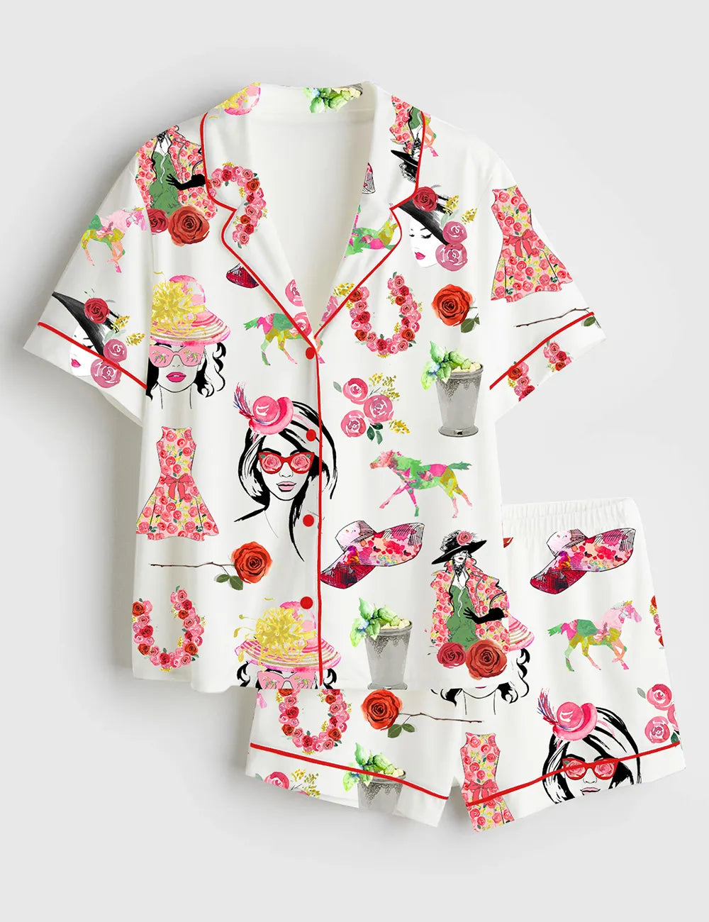 Derby Hat Girls Roses Horse Women's Pajama Set - flat lay
