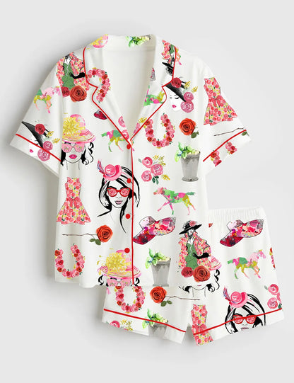 Derby Hat Girls Roses Horse Women's Pajama Set - flat lay